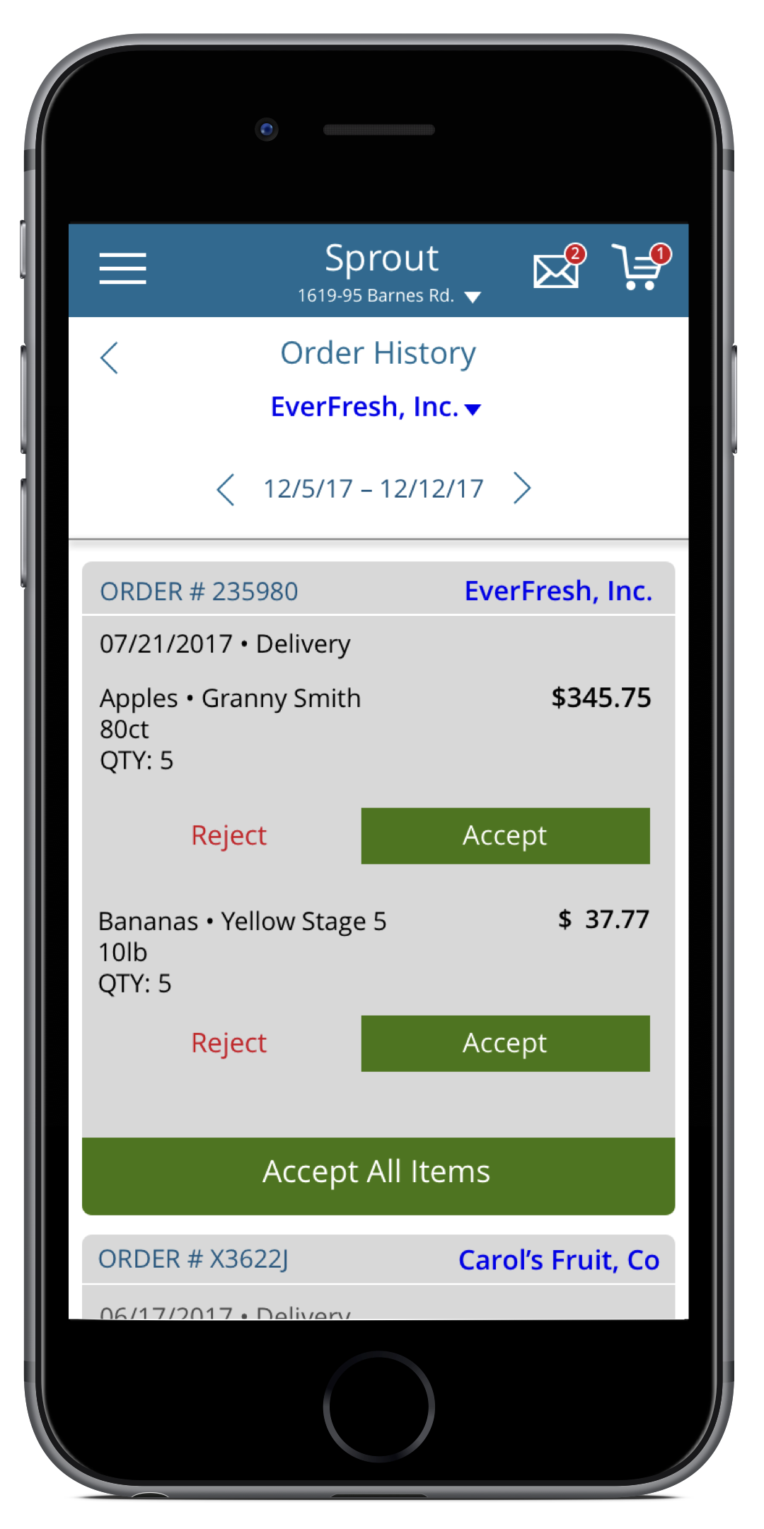Sprout vendor pricing management screen